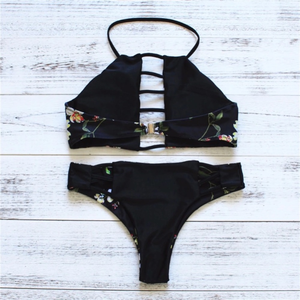Black Floral Halter Bikini - Picture 2 of 2